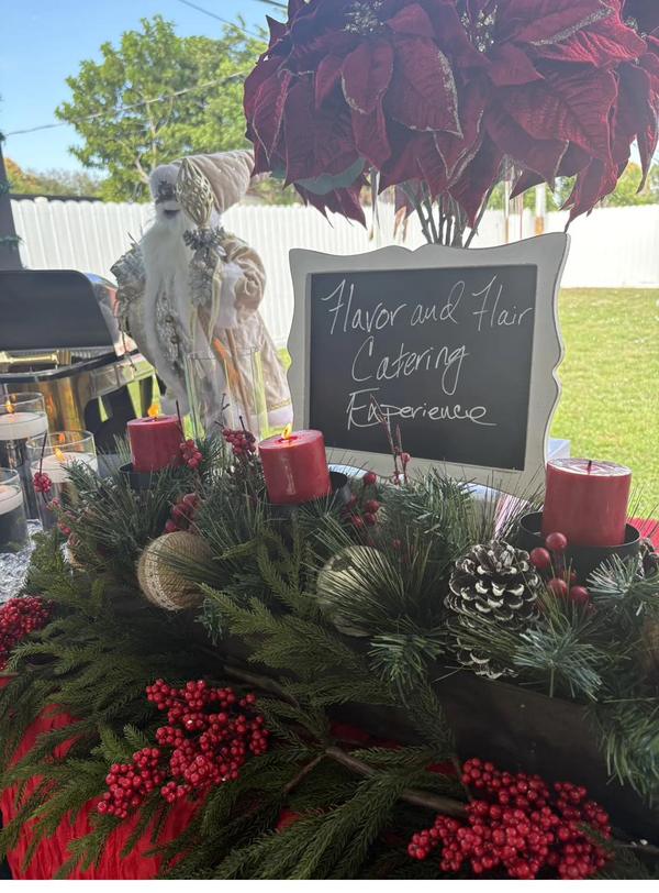 Flavor and Flair Catering Holiday Welcome: A warm seasonal display featuring festive décor and elegant details that welcome guests into the celebration.