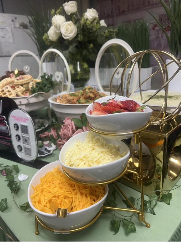 Flavor and Flair Catering Perfect Pairings: A colorful selection of cheeses, fresh fruit, and brunch accompaniments designed to complement every plate.